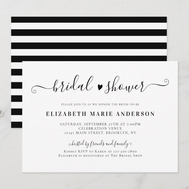 Invitation Élégante Fête des mariées de calligraphie noir et  (Devant / Derrière)