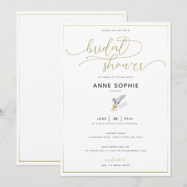 Invitation Élégante Fête des mariées de calligraphie or Lily  (Devant / Derrière)
