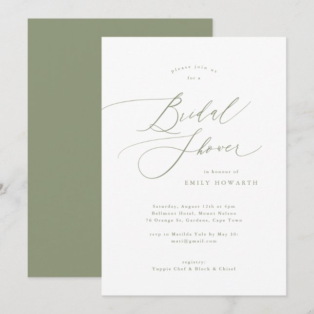 Invitation Élégante Fête des mariées de calligraphie verte Sa (Devant / Derrière)