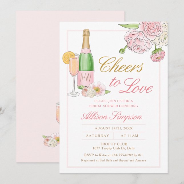 Invitation Elégante Fête des mariées de champagne florale (Devant / Derrière)