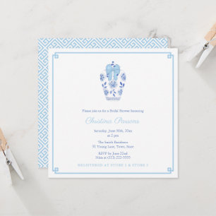 Invitation Élégante Fête des mariées de Chinoiserie Bleue Bla