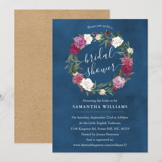 Invitation Elégante Fête des mariées de couronne bleu floral  (Devant / Derrière)