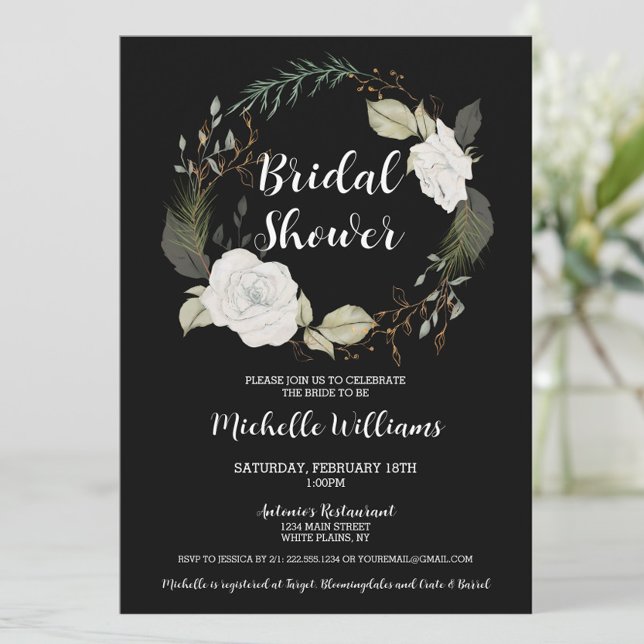 Invitation Élégante Fête des mariées de couronne de fleurs hi (Elegant Black and White Floral Bridal Shower Invitation)