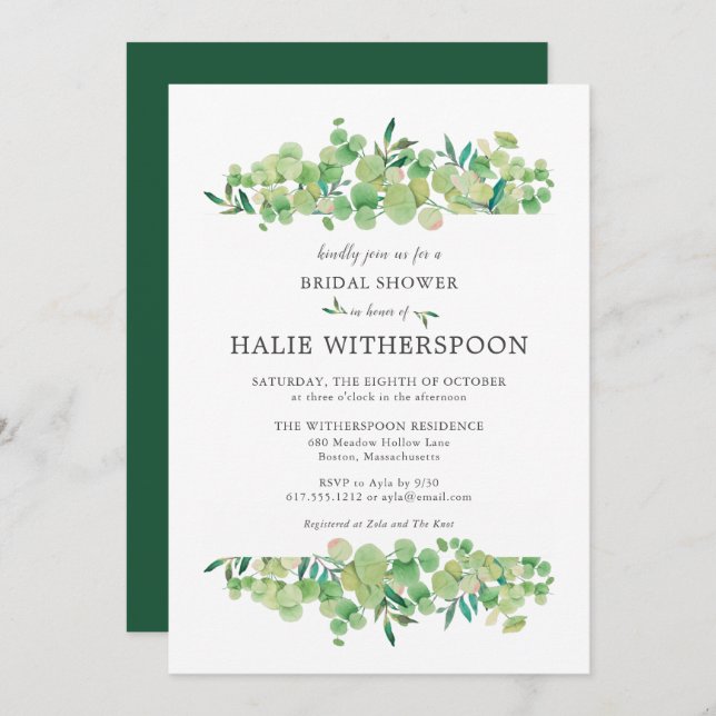 Invitation Elégante Fête des mariées de feuillage Eucalyptus (Devant / Derrière)