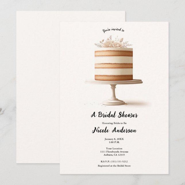 Invitation Élégante Fête des mariées de gâteau floral blanc d (Devant / Derrière)