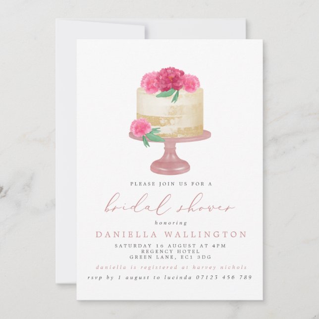 Invitation Élégante Fête des mariées de gâteau rose floral (Devant)