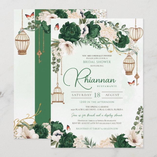 Invitation Elégante Fête des mariées de Jardin Floral Vert &  (Devant / Derrière)