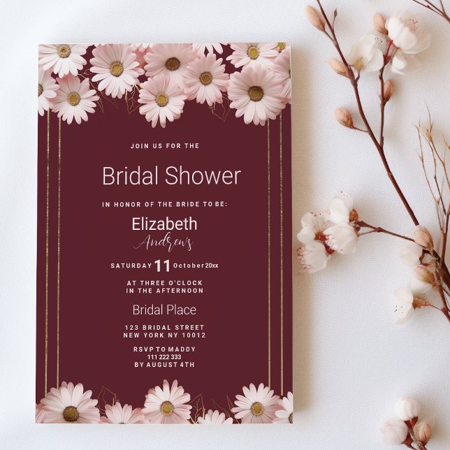 Invitation Elégante Fête des mariées de marguerite en or rose (Elegant burgundy pink gold daisy Bridal Shower)