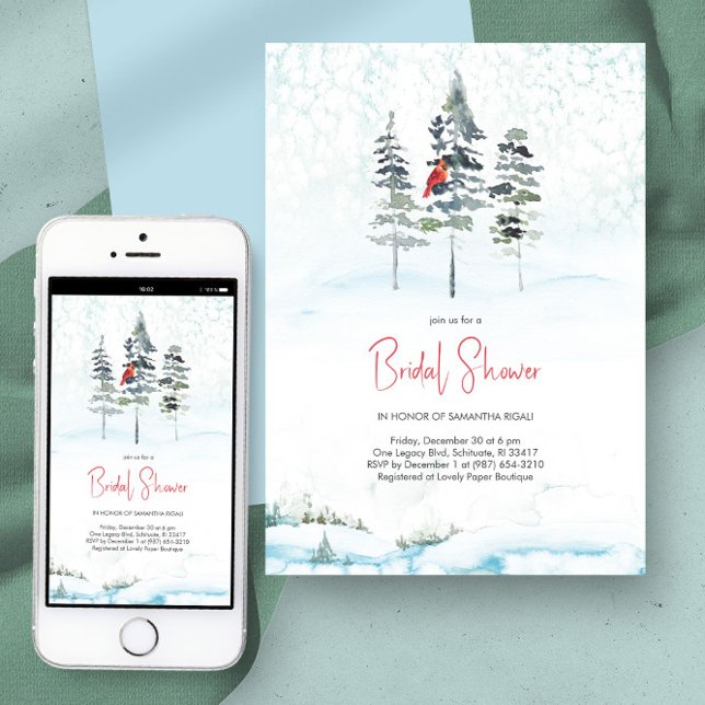 Invitation Élégante Fête des mariées de Noël des pins d'hiver (Bridal shower invitations watercolor winter pine trees and snow in blue)