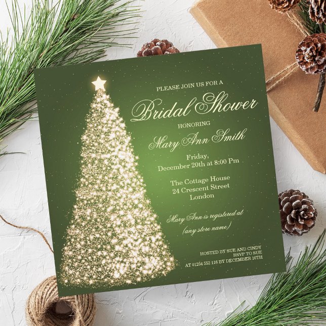 Invitation Élégante Fête des mariées de Noël Gold Green (Elegant Christmas Bridal Shower Gold Green Invitation)