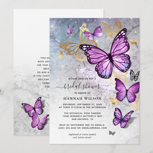 Invitation Elégante Fête des mariées de papillon d'or et de v (Devant / Derrière)