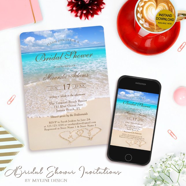 Invitation Elégante Fête des mariées de plage tropicale Blue  (Créateur téléchargé)