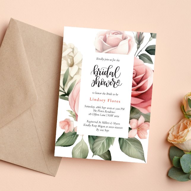 Invitation Élégante Fête des mariées de verdure florale Rose (Créateur téléchargé)