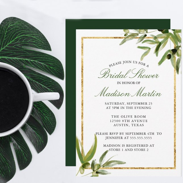 Invitation Élégante Fête des mariées de vin botanique vert or (Créateur téléchargé)