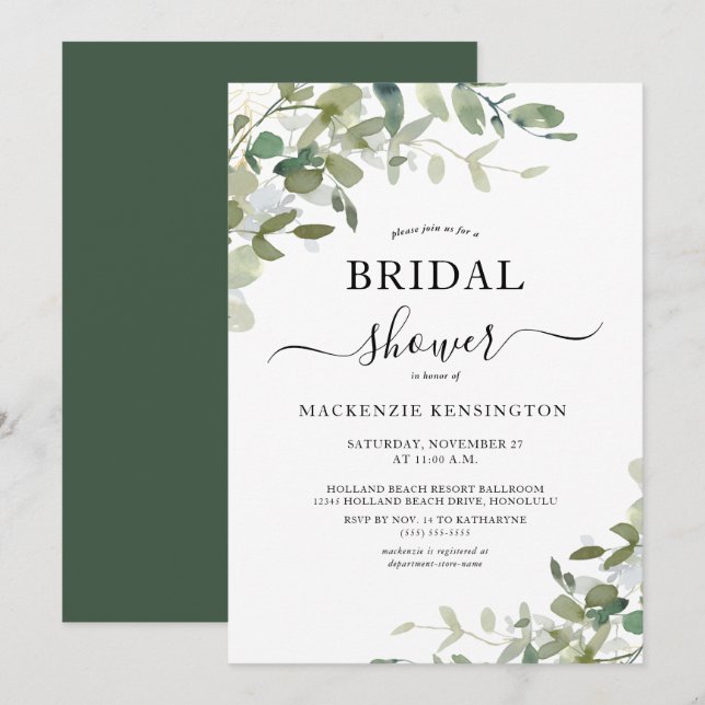 Invitation Élégante Fête des mariées d'Eucalyptus (Devant / Derrière)