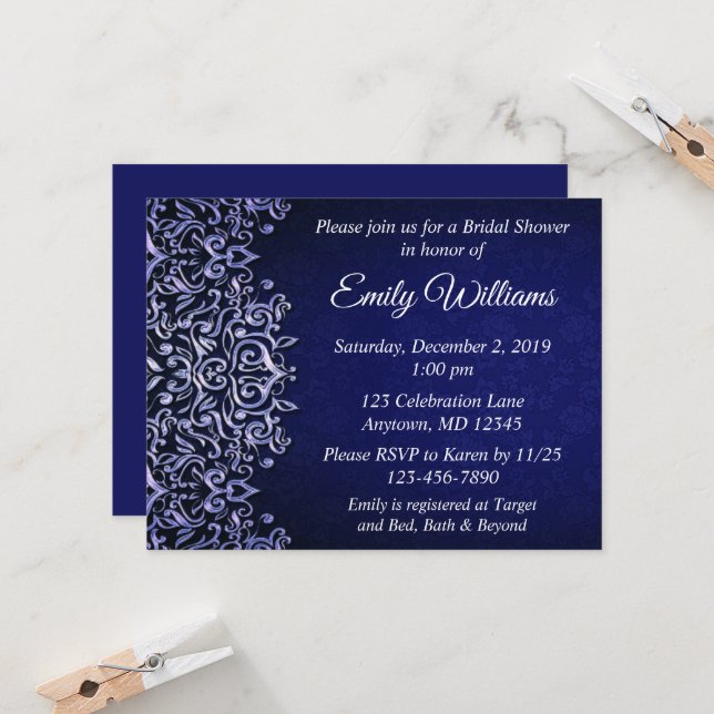 Invitation Elégante Fête des mariées d'hiver bleu et blanc Da (Devant/Arrière en situation)