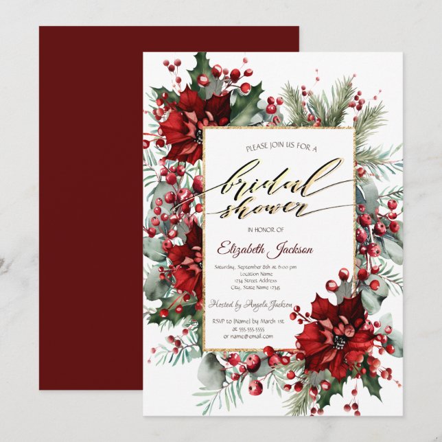 Invitation Élégante Fête des mariées d'hiver Poinsettia (Devant / Derrière)