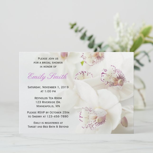 Invitation Elégante Fête des mariées d'orchidées blanches et  (Debout devant)