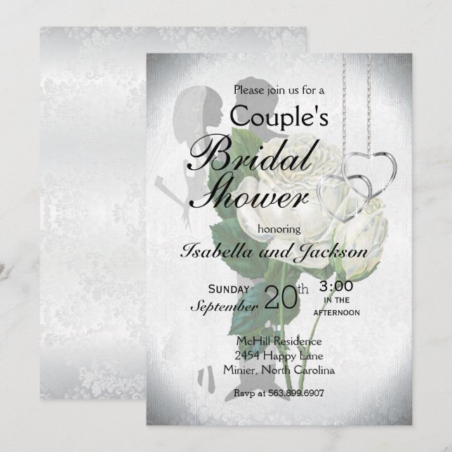 Invitation Élégante Fête des mariées du couple Rose blanche (Devant / Derrière)