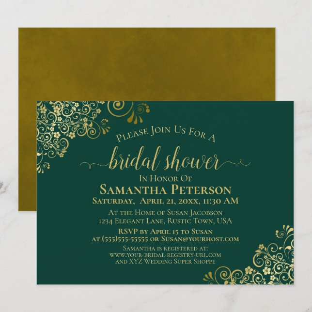 Invitation Élégante Fête des mariées Emerald & Gold Lace Fril (Devant / Derrière)