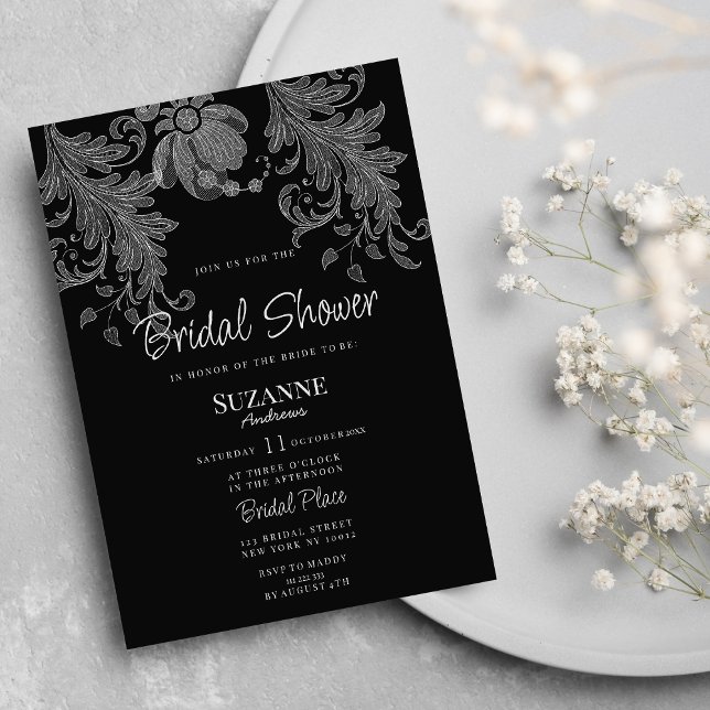 Invitation Elégante Fête des mariées en dentelle fleurie noir (Elegant black and white floral lace Bridal Shower)