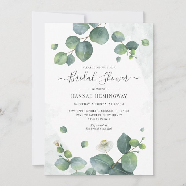 Invitation Elégante Fête des mariées Eucalyptus verdoyante (Devant)