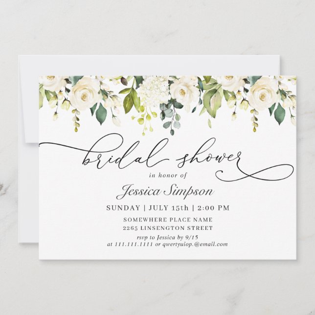 Invitation Elégante Fête des mariées Eucalyptus White Roses (Devant)