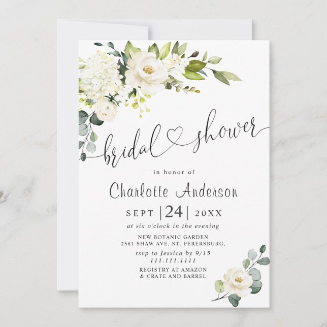 Invitation Elégante Fête des mariées Eucalyptus White Roses (Devant)