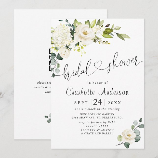 Invitation Elégante Fête des mariées Eucalyptus White Roses (Devant / Derrière)