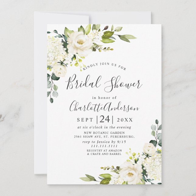 Invitation Elégante Fête des mariées Eucalyptus White Roses (Devant)