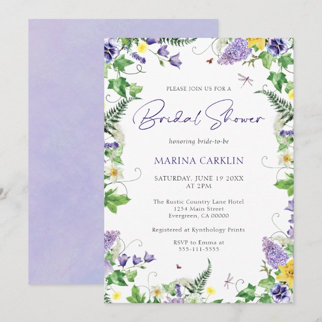 Invitation Elégante Fête des mariées Fleur sauvage aquarelle (Devant / Derrière)