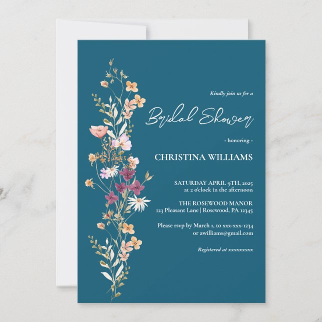 Invitation Elégante Fête des mariées Fleur sauvage de Boho Bl (Devant)