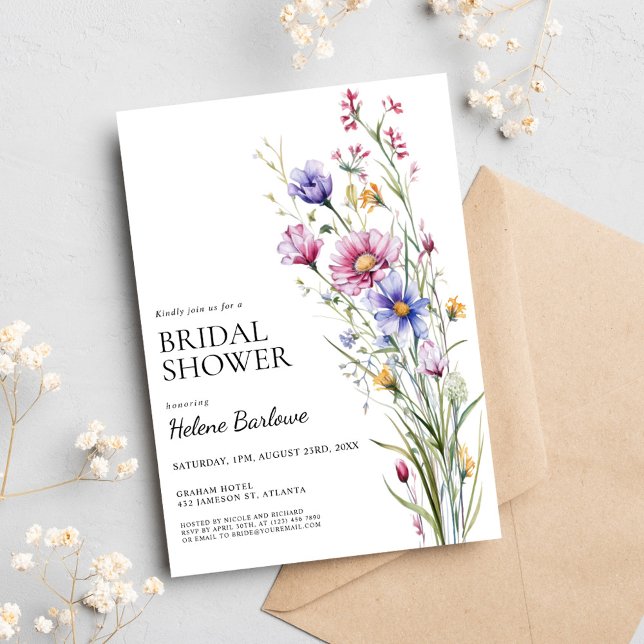 Invitation Élégante Fête des mariées Fleur sauvage Florale mo (Elegant Modern Floral Wildflower Bridal Shower Invitation)