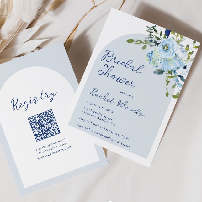 Invitation Elégante Fête des mariées Floral Dusty Blue Qr Cod (Créateur téléchargé)