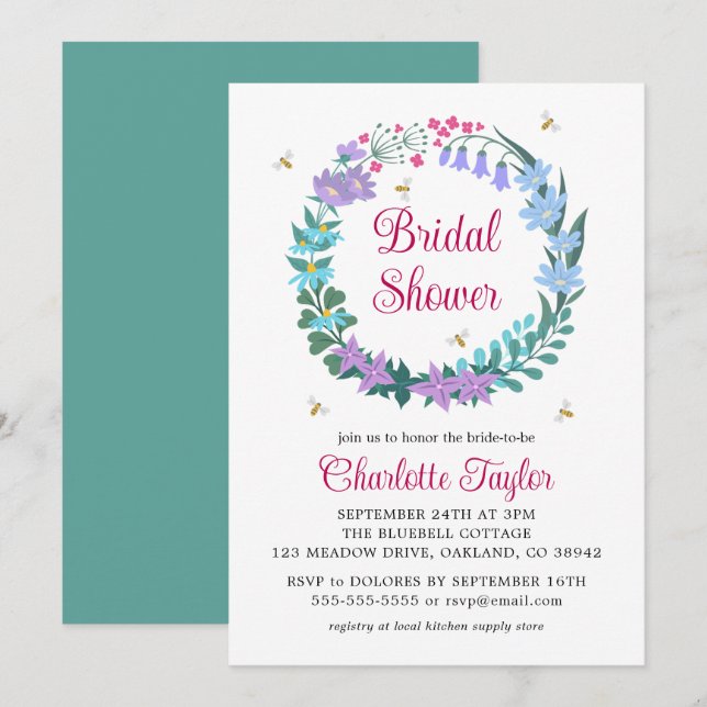 Invitation Elégante Fête des mariées Floral Fleurs sauvages G (Devant / Derrière)