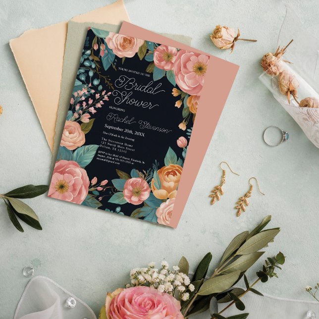 Invitation Elégante Fête des mariées Floral Rose Navy Peonies (Créateur téléchargé)