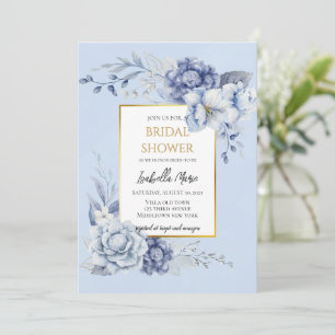 Invitation Elégante Fête des mariées florale bleu et or Dusty