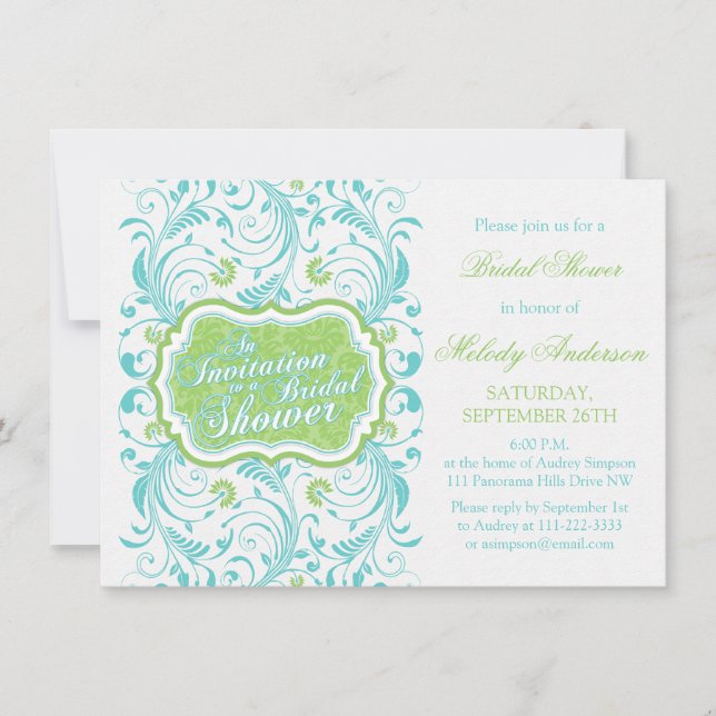 Invitation Elégante Fête des mariées florale bleu turquoise (Devant)
