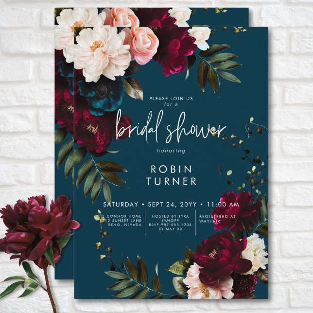 Invitation Elégante Fête des mariées florale bordeaux & bleu (Elegant Burgundy & Blue Floral Bridal Shower Invitation)