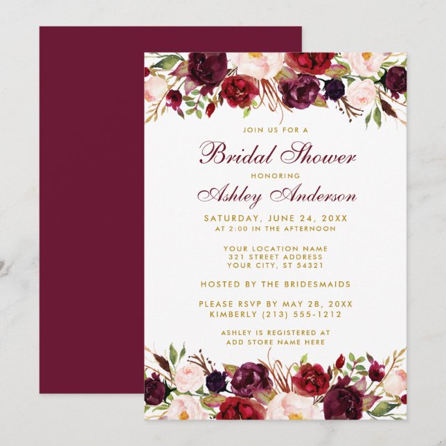 Invitation Elégante Fête des mariées Florale Bourgogne Or (Devant / Derrière)