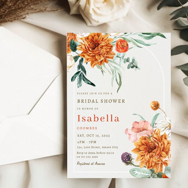 Invitation Élégante Fête des mariées florale de chute d'orang (Elegant Burnt Orange Fall Floral Bridal Shower Invitation)