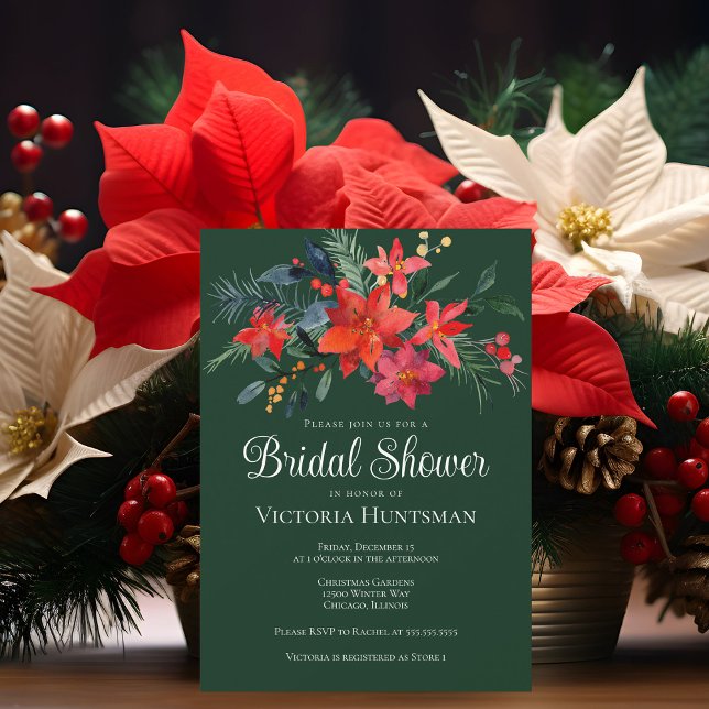 Invitation Élégante Fête des mariées florale de Noël Rouge Ve (Créateur téléchargé)