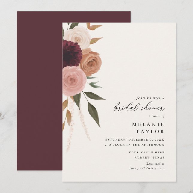 Invitation Élégante Fête des mariées florale de prune de Bour (Devant / Derrière)