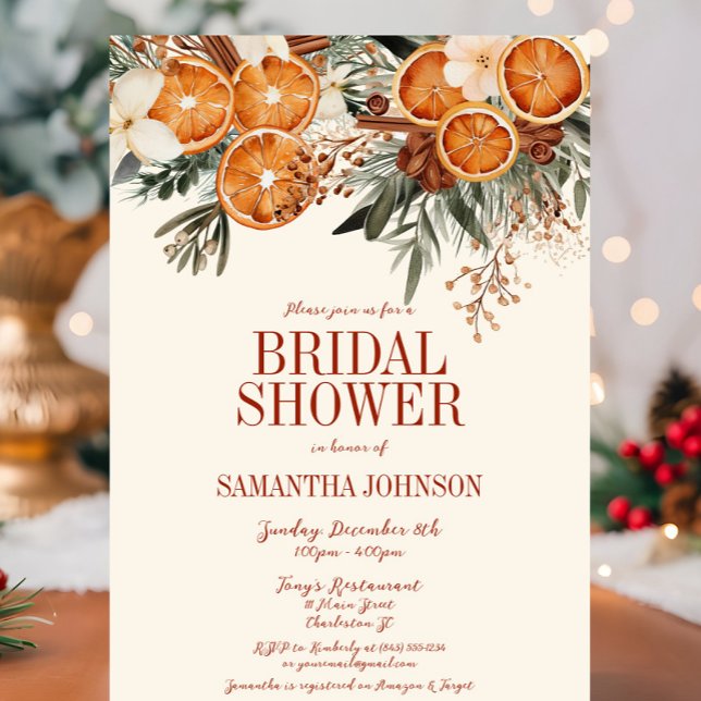 Invitation Élégante Fête des mariées florale d'ivoire (Ivory Orange Citrus Floral Bridal Shower Invitation, Christmas, Fall Autumn, Elegant Modern Wedding)
