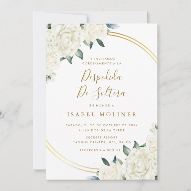 Invitation Elégante Fête des mariées Florale d'ivoire or espa (Devant)