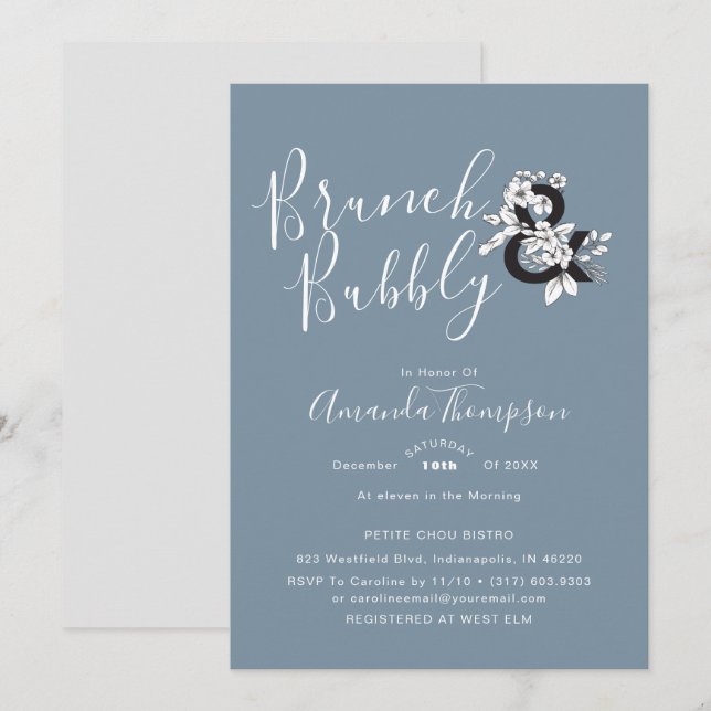 Invitation Elégante Fête des mariées florale Dusty Blue Amper (Devant / Derrière)
