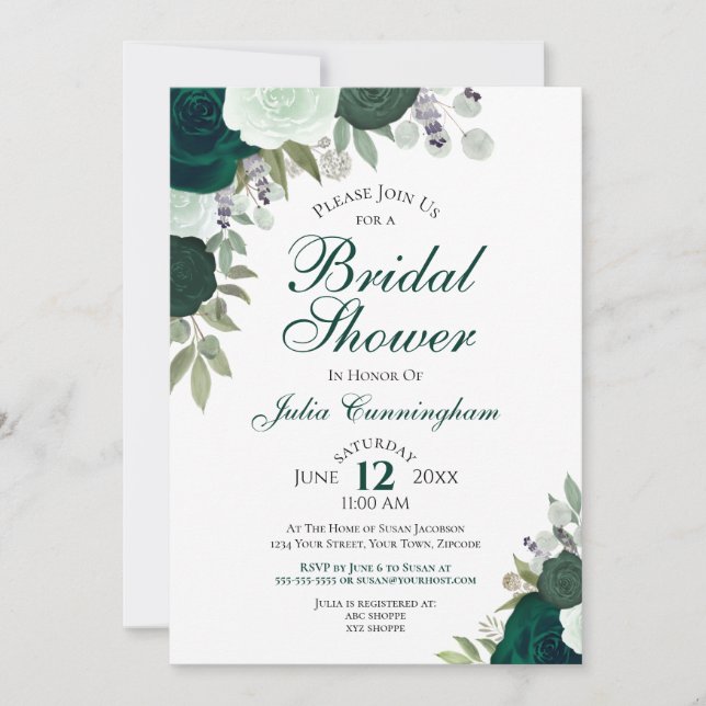 Invitation Élégante Fête des mariées florale Emerald Green Bo (Devant)
