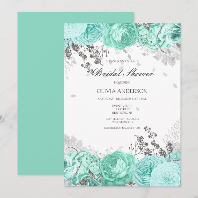 Invitation Elégante Fête des mariées florale en argent Aqua (Devant / Derrière)