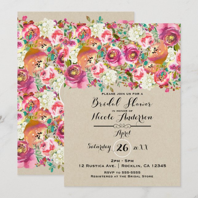 Invitation Elégante Fête des mariées florale et Kraft Shabby  (Devant / Derrière)