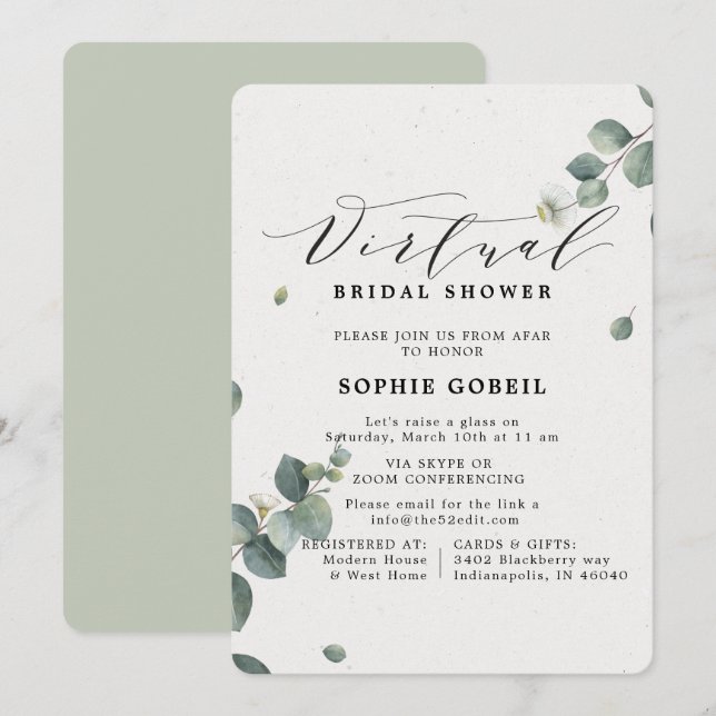 Invitation Elégante Fête des mariées florale Eucalyptus VIRTU (Devant / Derrière)